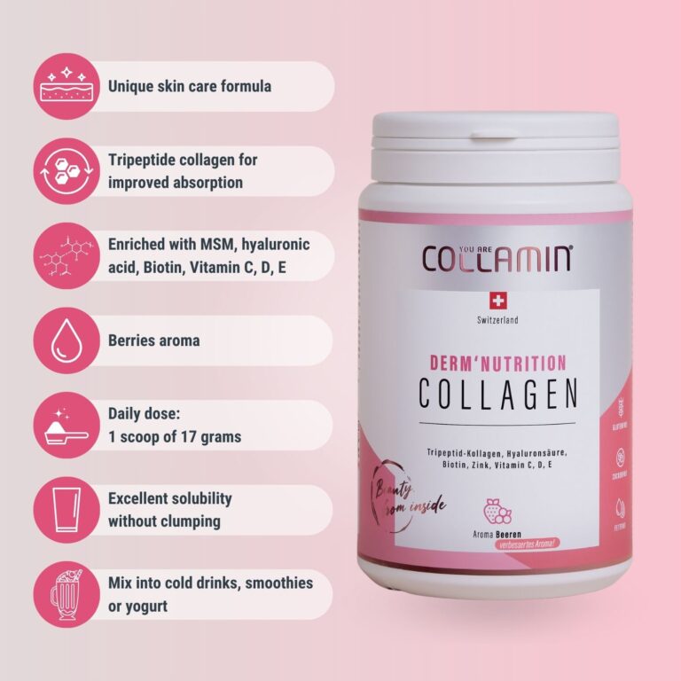 Collamin Derm'Nutrition Infografica Formula unica per la cura della pelle, Collagene tripeptidico per un migliore assorbimento, Arricchito con MSM, acido ialuronico, biotina, vitamina C, D, E, aroma di frutti di bosco, Dose giornaliera: 1 misurino da 17 grammi, Eccellente solubilità senza grumi, Mescolare in bevande fredde, frullati o yogurt