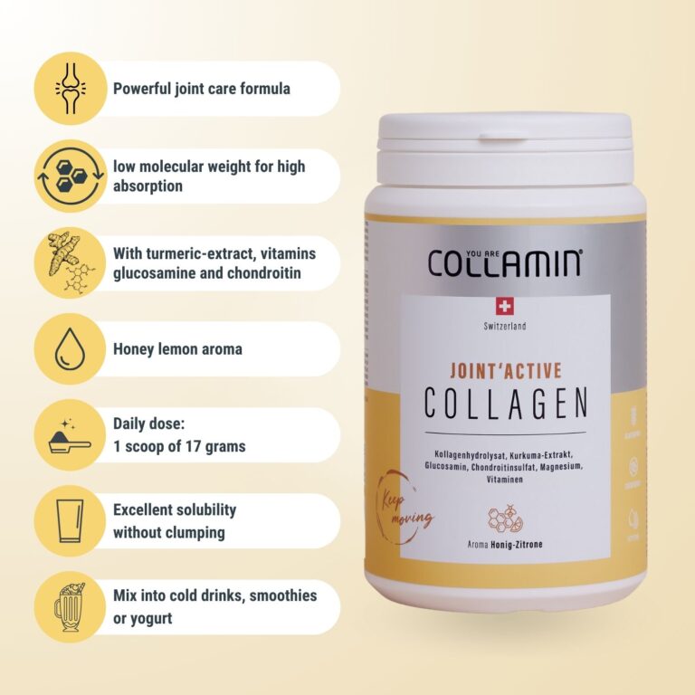 Collamin Joint'Active Infographic, Puissante formule de soin des articulations, faible poids moléculaire pour une absorption élevée, Avec de l'extrait de curcuma, des vitamines, de la glucosamine et de la chondroïtine, Arôme de miel et de citron, Dose journalière : 1 mesure de 17 grammes, Excellente solubilité sans agglutination, Mélanger dans des boissons froides, des smoothies ou du yogourt.