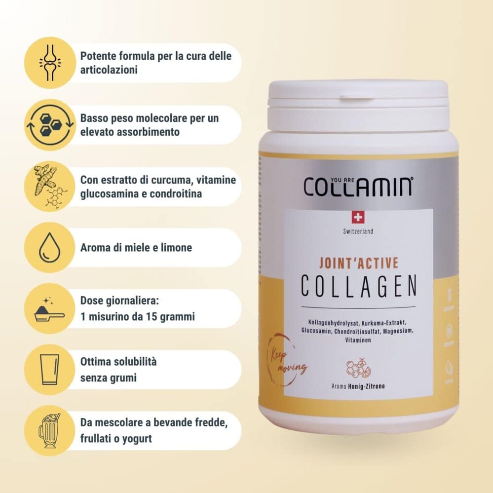 Collamin Joint'Active Infographic, Potente formula per la cura delle articolazioni, a basso peso molecolare per un elevato assorbimento, Con estratto di curcuma, vitamine glucosamina e condroitina , Aroma di miele e limone, Dose giornaliera: 1 misurino da 17 grammi, Eccellente solubilità senza grumi, Mescolare in bevande fredde, frullati o yogurt