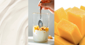 Mango cubes on the right in the middle is the glass and on the left is the quark