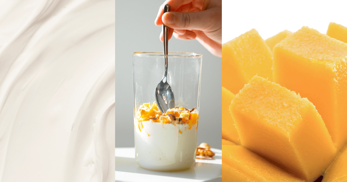 Mango cubes on the right in the middle is the glass and on the left is the quark