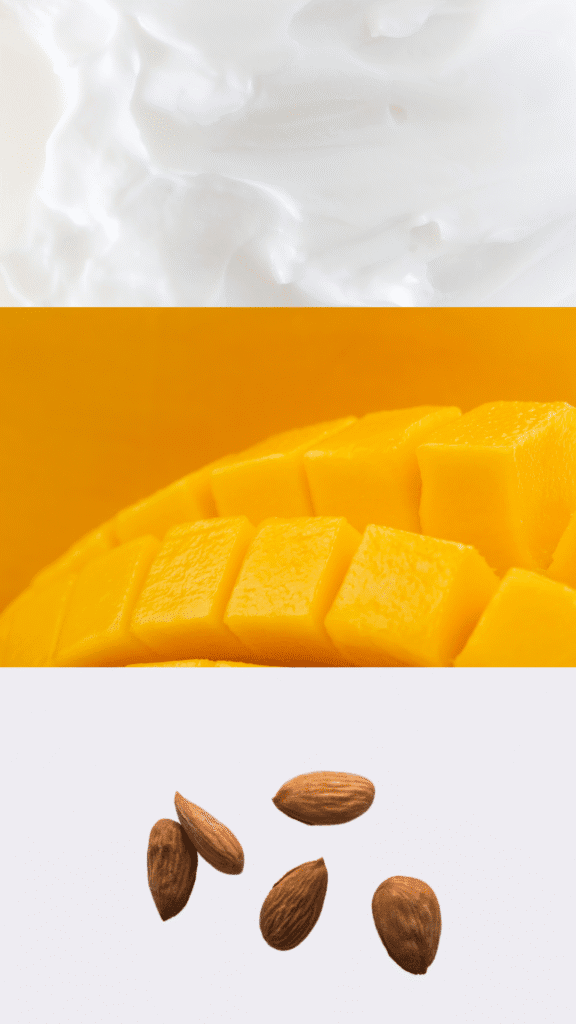 Quark on the top, cubes of mango in the middle, and almonds at the bottom