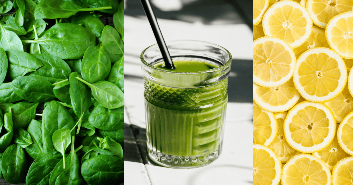 Glow-Up with a Refreshing Collagen Detox Smoothie. Green detox juice with lemon, cucumber, spinach, ginger, and collagen powder in a glass on a summer table